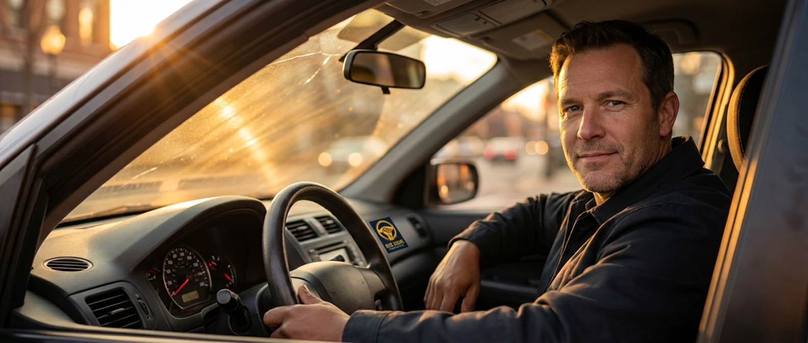 A rideshare driver sitting in the driver's seat with a Rideshare Cooperative window decal