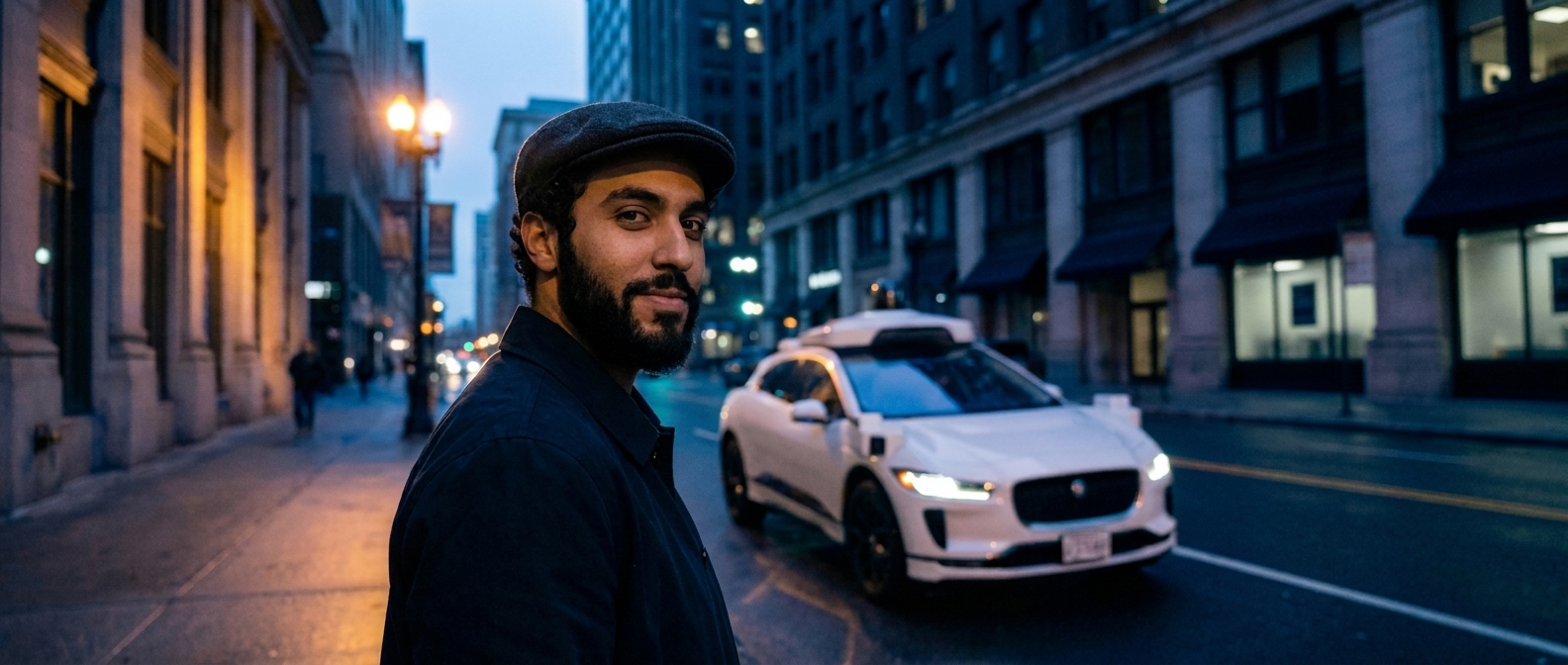 Silhouettes of drivers standing between autonomous-style vehicles at sunset